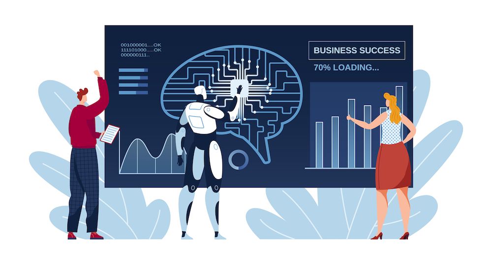 Business teamwork, ai with people vector illustration. Digital graphic technology at computer, future automation work concept.