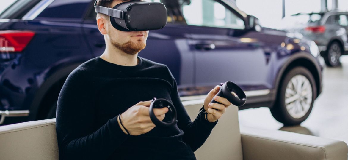 Man using and playing with vr glasses